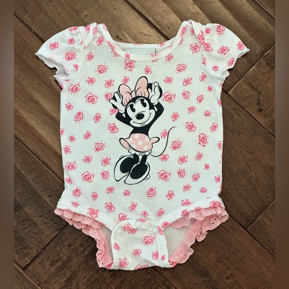 Disney Parks 3M Minnie Mouse Graphic Pink Roses Eyelet Ruffles Cotton Onesie - Picture 2 of 10